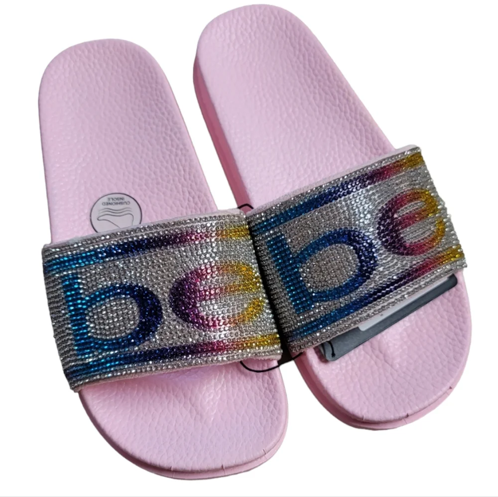 Bebe Girls Light Pink Multicolored Rhinestone Logo Slides, Size XL (4/5)